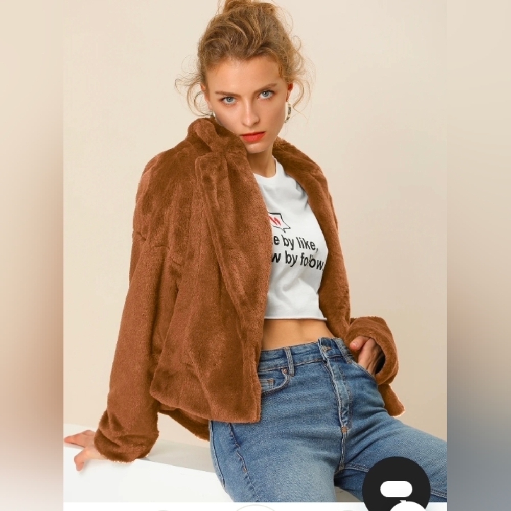 Allegra K Cropped Notch Lapel Faux Fur Fluffy Jacket